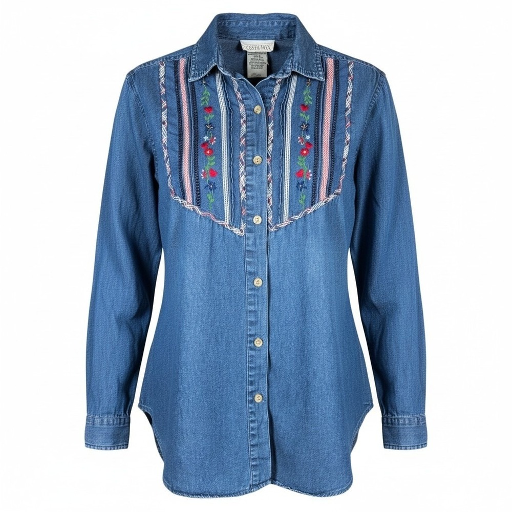Vtg 90s Casey & Max Embroidered Shirt Small Blue Cotton Chambray Western Plaid